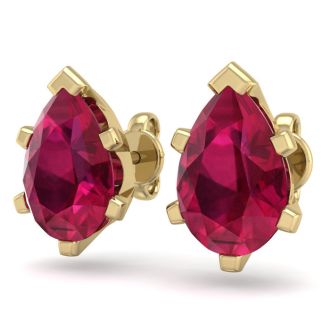 3 Carat Pear Shape Ruby Stud Earrings In 14K Yellow Gold Over Sterling Silver