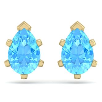3 Carat Pear Shape Blue Topaz Stud Earrings In 14K Yellow Gold Over Sterling Silver