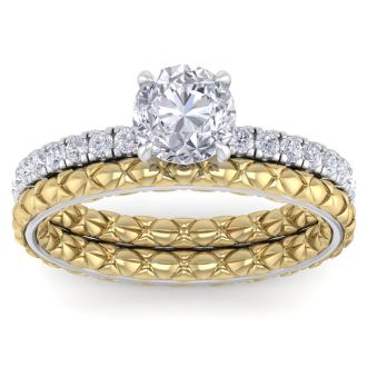 Moissanite Engagement Ring; 1 1/2 Carat Round Shape Moissanite Bridal Set In Quilted 14 Karat White and Yellow Gold
