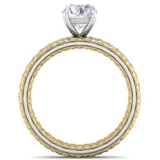 Moissanite Engagement Ring; 1 1/2 Carat Round Shape Moissanite Bridal Set In Quilted 14 Karat White and Yellow Gold