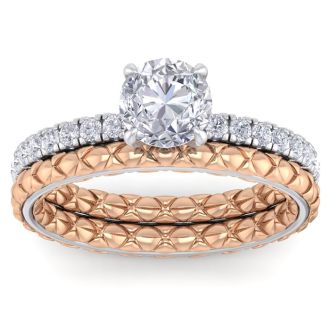 Moissanite Engagement Ring; 1 1/2 Carat Round Shape Moissanite Bridal Set In Quilted 14 Karat White and Rose Gold