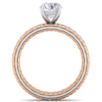 Moissanite Engagement Ring; 1 1/2 Carat Round Shape Moissanite Bridal Set In Quilted 14 Karat White and Rose Gold