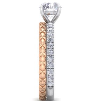 Moissanite Engagement Ring; 1 1/2 Carat Round Shape Moissanite Bridal Set In Quilted 14 Karat White and Rose Gold