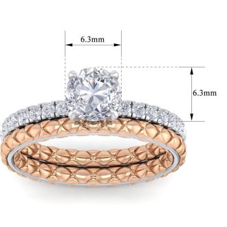 Moissanite Engagement Ring; 1 1/2 Carat Round Shape Moissanite Bridal Set In Quilted 14 Karat White and Rose Gold