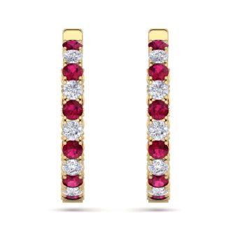 7 Carat Ruby and Diamond Hoop Earrings In 14 Karat Yellow Gold, 1 1/4 Inch