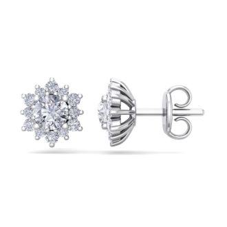 1 Carat Round Shape Flower Halo Diamond Stud Earrings In 14 Karat White Gold