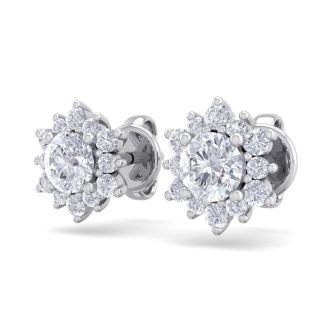 1 Carat Round Shape Flower Halo Diamond Stud Earrings In 14 Karat White Gold