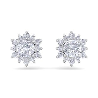 1 Carat Round Shape Flower Halo Diamond Stud Earrings In 14 Karat White Gold