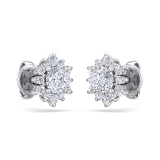1 Carat Round Shape Flower Halo Diamond Stud Earrings In 14 Karat White Gold