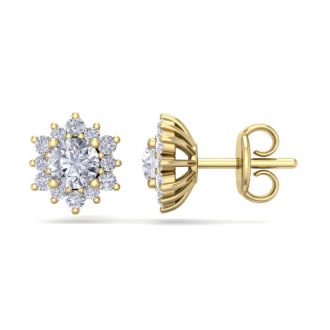 1 Carat Round Shape Flower Halo Diamond Stud Earrings In 14 Karat Yellow Gold