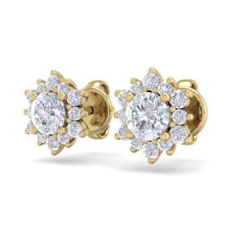 1 Carat Round Shape Flower Halo Diamond Stud Earrings In 14 Karat Yellow Gold