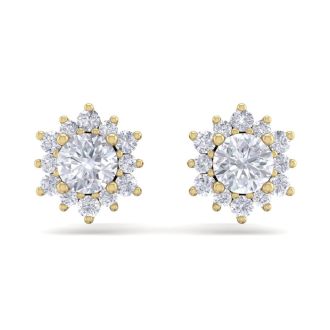 1 Carat Round Shape Flower Halo Diamond Stud Earrings In 14 Karat Yellow Gold