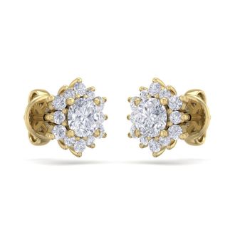 1 Carat Round Shape Flower Halo Diamond Stud Earrings In 14 Karat Yellow Gold
