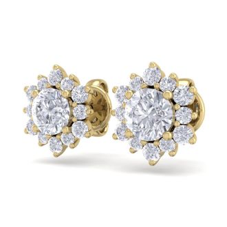 1 1/2 Carat Round Shape Flower Halo Moissanite Stud Earrings In 14 Karat Yellow Gold