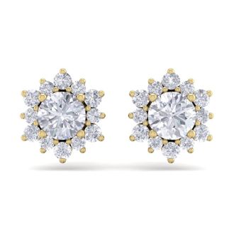 1 1/2 Carat Round Shape Flower Halo Moissanite Stud Earrings In 14 Karat Yellow Gold