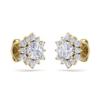 1 1/2 Carat Round Shape Flower Halo Moissanite Stud Earrings In 14 Karat Yellow Gold