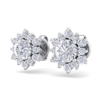 1 1/2 Carat Round Shape Flower Halo Diamond Stud Earrings In 14 Karat White Gold