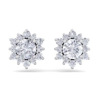 1 1/2 Carat Round Shape Flower Halo Diamond Stud Earrings In 14 Karat White Gold