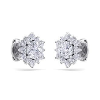 1 1/2 Carat Round Shape Flower Halo Diamond Stud Earrings In 14 Karat White Gold