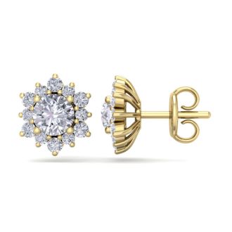 1 1/2 Carat Round Shape Flower Halo Diamond Stud Earrings In 14 Karat Yellow Gold