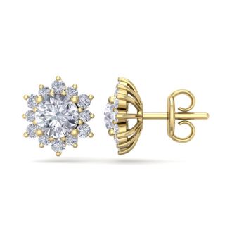 2 Carat Round Shape Flower Halo Diamond Stud Earrings In 14 Karat Yellow Gold