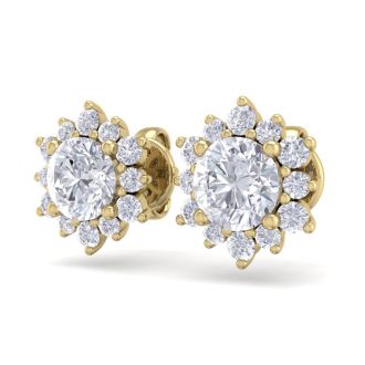 2 Carat Round Shape Flower Halo Diamond Stud Earrings In 14 Karat Yellow Gold