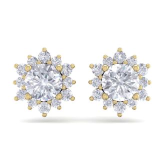 2 Carat Round Shape Flower Halo Diamond Stud Earrings In 14 Karat Yellow Gold