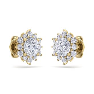 2 Carat Round Shape Flower Halo Diamond Stud Earrings In 14 Karat Yellow Gold