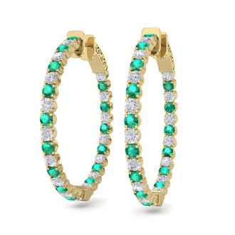 5 Carat Emerald and Diamond Hoop Earrings In 14 Karat Yellow Gold, 1 1/4 Inch