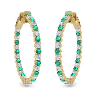 5 Carat Emerald and Diamond Hoop Earrings In 14 Karat Yellow Gold, 1 1/4 Inch
