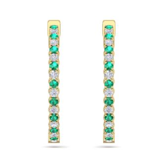 5 Carat Emerald and Diamond Hoop Earrings In 14 Karat Yellow Gold, 1 1/4 Inch