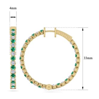 5 Carat Emerald and Diamond Hoop Earrings In 14 Karat Yellow Gold, 1 1/4 Inch