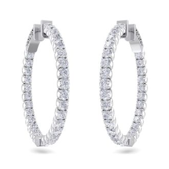 3 1/2 Carat Diamond Hoop Earrings In 14 Karat White Gold, 1 Inch