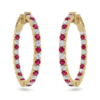 3 1/2 Carat Ruby and Diamond Hoop Earrings In 14 Karat Yellow Gold, 1 Inch