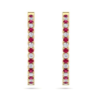 3 1/2 Carat Ruby and Diamond Hoop Earrings In 14 Karat Yellow Gold, 1 Inch