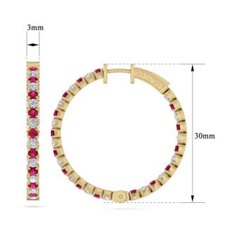 3 1/2 Carat Ruby and Diamond Hoop Earrings In 14 Karat Yellow Gold, 1 Inch