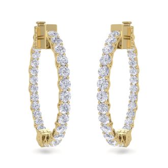 3 Carat Diamond Hoop Earrings In 14 Karat Yellow Gold, 3/4 Inch