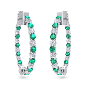 3 Carat Emerald and Diamond Hoop Earrings In 14 Karat White Gold, 3/4 Inch