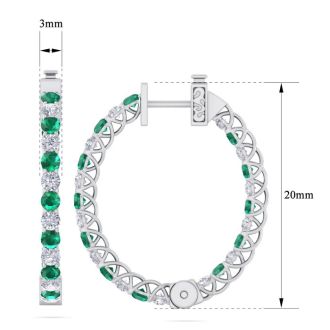 3 Carat Emerald and Diamond Hoop Earrings In 14 Karat White Gold, 3/4 Inch