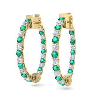 3 Carat Emerald and Diamond Hoop Earrings In 14 Karat Yellow Gold, 3/4 Inch