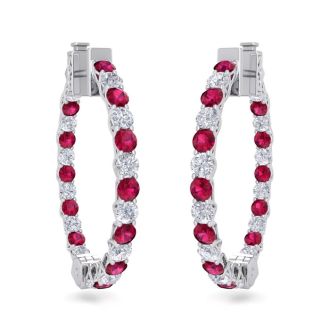 3 Carat Ruby and Diamond Hoop Earrings In 14 Karat White Gold, 3/4 Inch