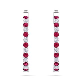 3 Carat Ruby and Diamond Hoop Earrings In 14 Karat White Gold, 3/4 Inch