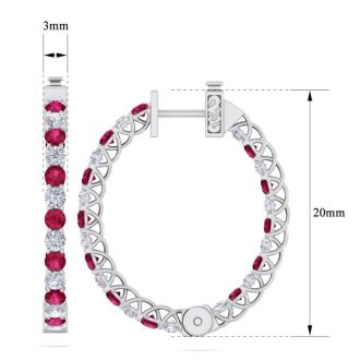 3 Carat Ruby and Diamond Hoop Earrings In 14 Karat White Gold, 3/4 Inch