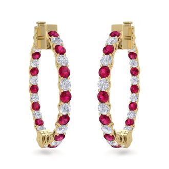 3 Carat Ruby and Diamond Hoop Earrings In 14 Karat Yellow Gold, 3/4 Inch