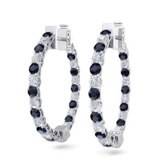 3 Carat Sapphire and Diamond Hoop Earrings In 14 Karat White Gold, 3/4 Inch