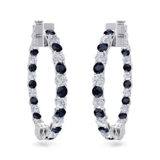 3 Carat Sapphire and Diamond Hoop Earrings In 14 Karat White Gold, 3/4 Inch