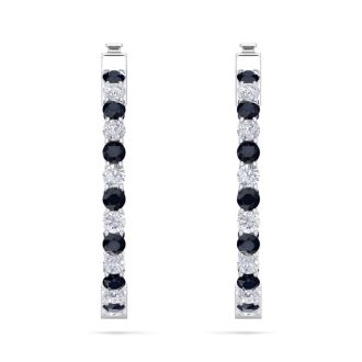 3 Carat Sapphire and Diamond Hoop Earrings In 14 Karat White Gold, 3/4 Inch