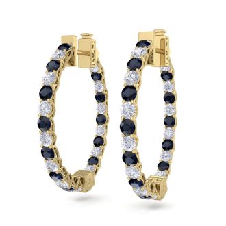 3 Carat Sapphire and Diamond Hoop Earrings In 14 Karat Yellow Gold, 3/4 Inch