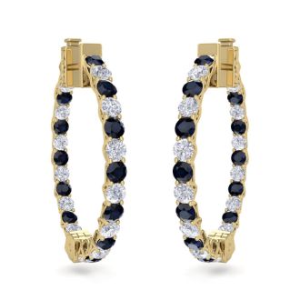 3 Carat Sapphire and Diamond Hoop Earrings In 14 Karat Yellow Gold, 3/4 Inch