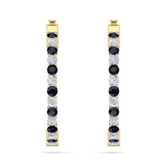 3 Carat Sapphire and Diamond Hoop Earrings In 14 Karat Yellow Gold, 3/4 Inch